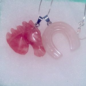 Cherry Quartz Crystal Horseshoe & Rose Quartz Horse 🐎 Silver 16” Nec…
